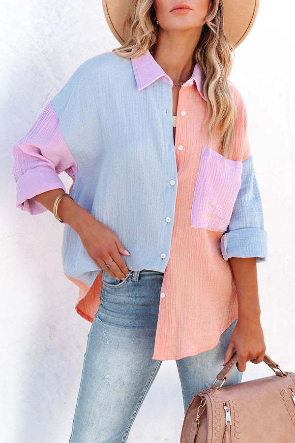 Color Block Textured Button Shirt with Pocket - Fashionpara