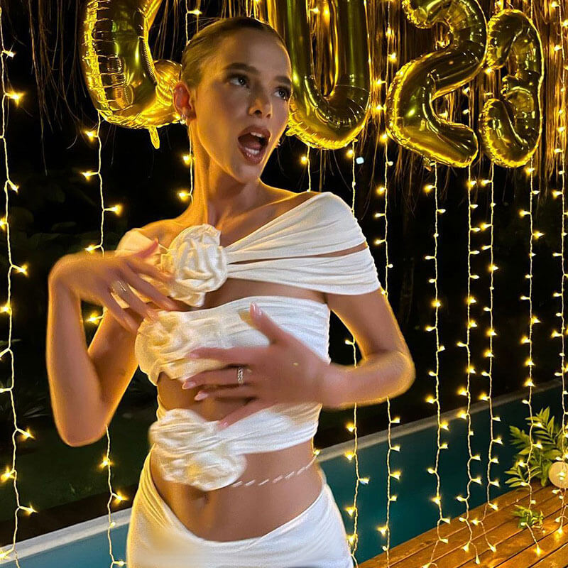 Rosette Floral Appliqué Ruched Detail Cut Out Off Shoulder Crop Top - White - Fashionpara