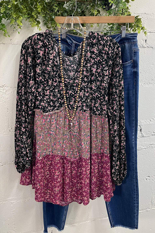 Floral Patchwork V-Neck Long Sleeve Blouse - Fashionpara