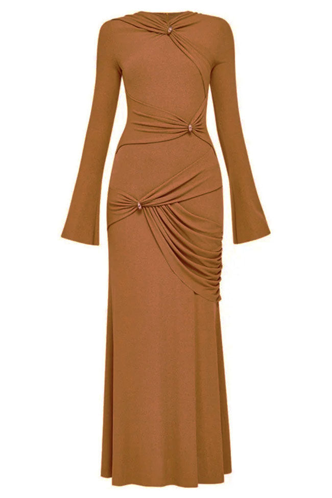 Graceful Metallic Knot Ruched Detail Jersey Evening Maxi Dress - Brown - Fashionpara