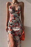 Floral Lace Back Slip Slit Slim Dress