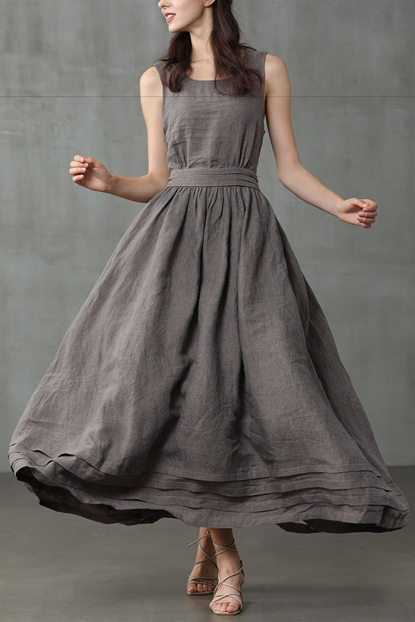 Cross Back O Neck Maxi Linen Dress - Fashionpara
