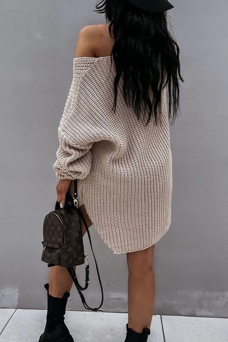 Side Slit V Neck Sweater Dress - Fashiondia