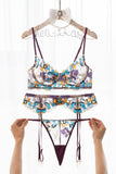 Flowers Embroidered See Through 3pc Lingerie Set - Fashiondia
