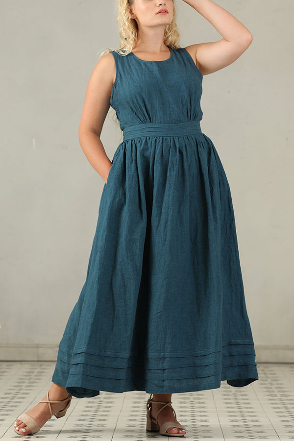 Cross Back O Neck Maxi Linen Dress - Fashionpara