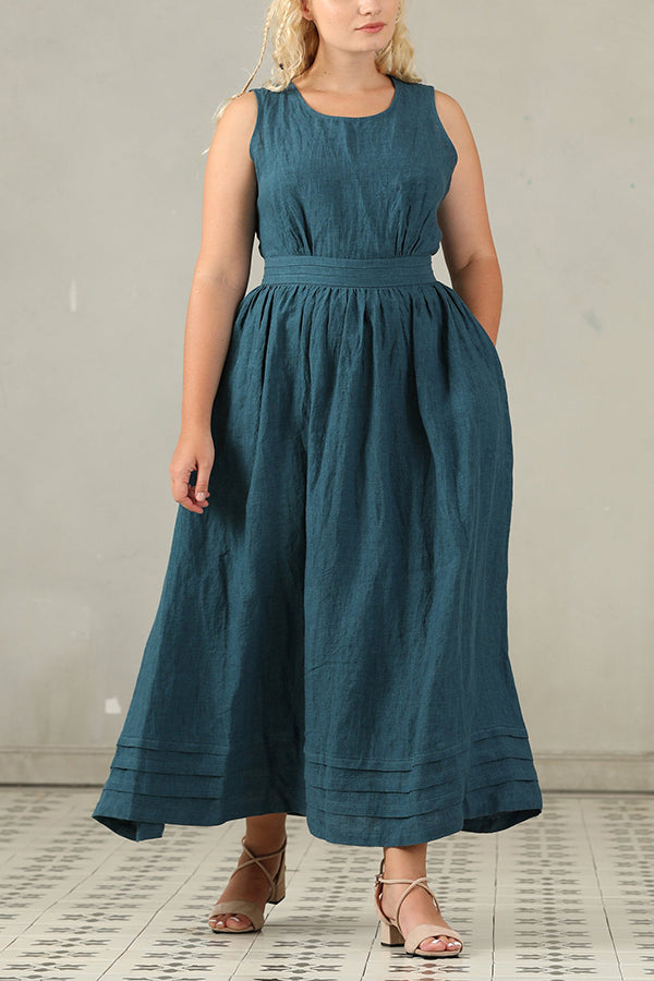 Cross Back O Neck Maxi Linen Dress - Fashionpara