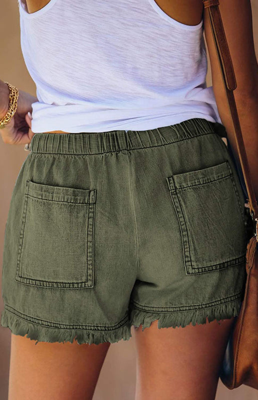 Women's Elastic Waist Drawstring Casual High Waist Slim Denim Shorts - Fashionpara