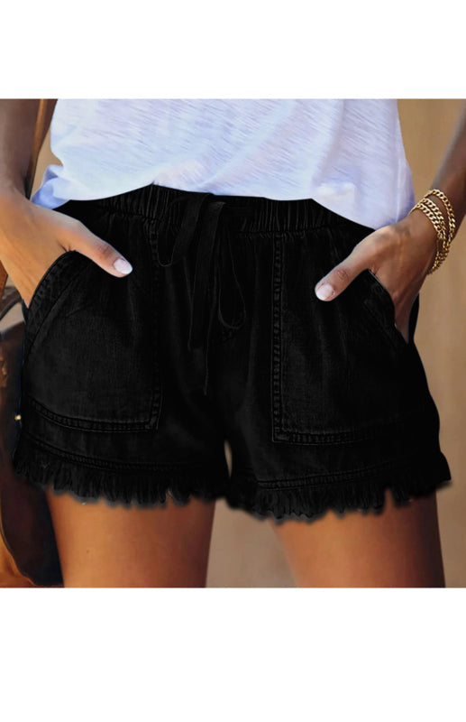 Women's Elastic Waist Drawstring Casual High Waist Slim Denim Shorts - Fashionpara