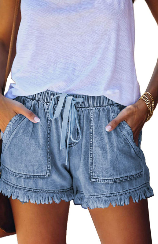 Women's Elastic Waist Drawstring Casual High Waist Slim Denim Shorts - Fashionpara