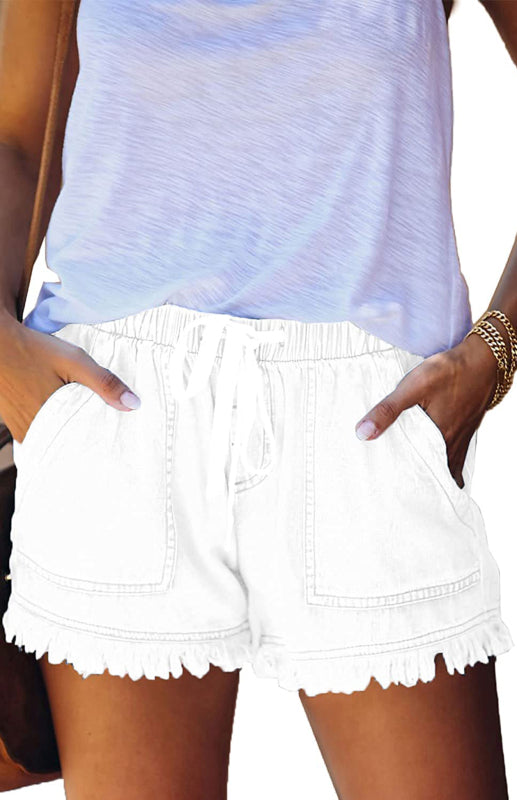 Women's Elastic Waist Drawstring Casual High Waist Slim Denim Shorts - Fashionpara
