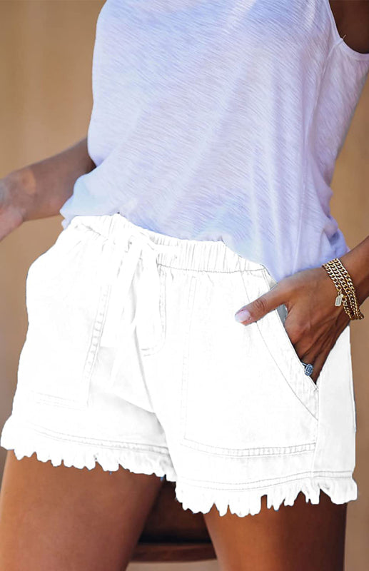 Women's Elastic Waist Drawstring Casual High Waist Slim Denim Shorts - Fashionpara
