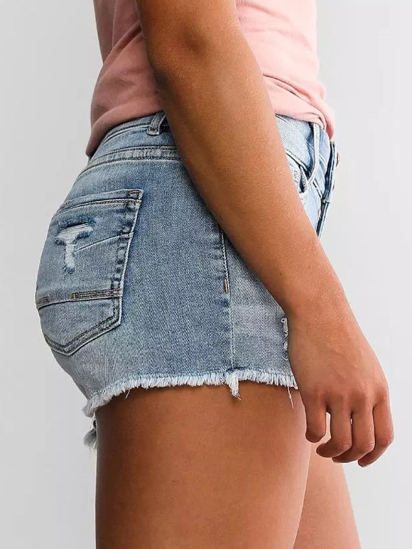 Women's High Waist Two Button Fashion Ripped Denim Shorts - Fashionpara