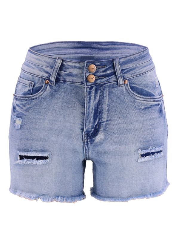 Women's High Waist Two Button Fashion Ripped Denim Shorts - Fashionpara