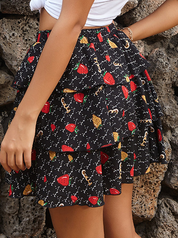 Skirt a-line skirt new elastic layer cake floral pleated skirt - Fashionpara