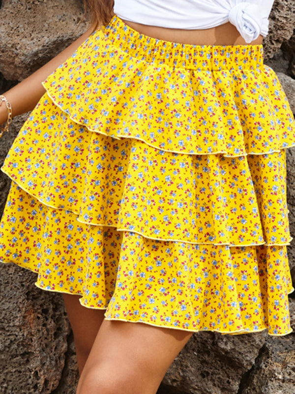 Skirt a-line skirt new elastic layer cake floral pleated skirt - Fashionpara