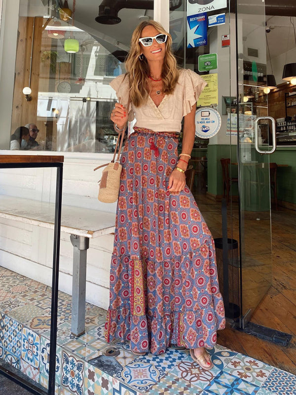 Street temperament women's printed long skirt ruffled skirt skirt - Fashionpara