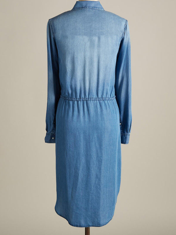 Dress Classic Cotton Denim Off-White Design Double Slip Pocket Lapel Dress - Fashionpara