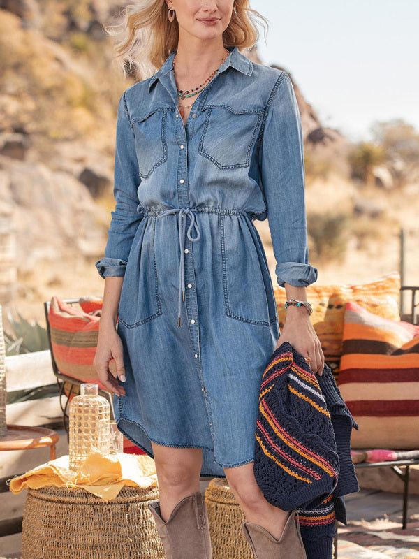 Dress Classic Cotton Denim Off-White Design Double Slip Pocket Lapel Dress - Fashionpara