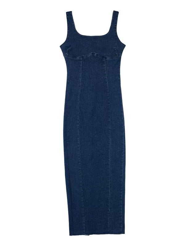 Women's elegant suspender denim long dress - Fashionpara