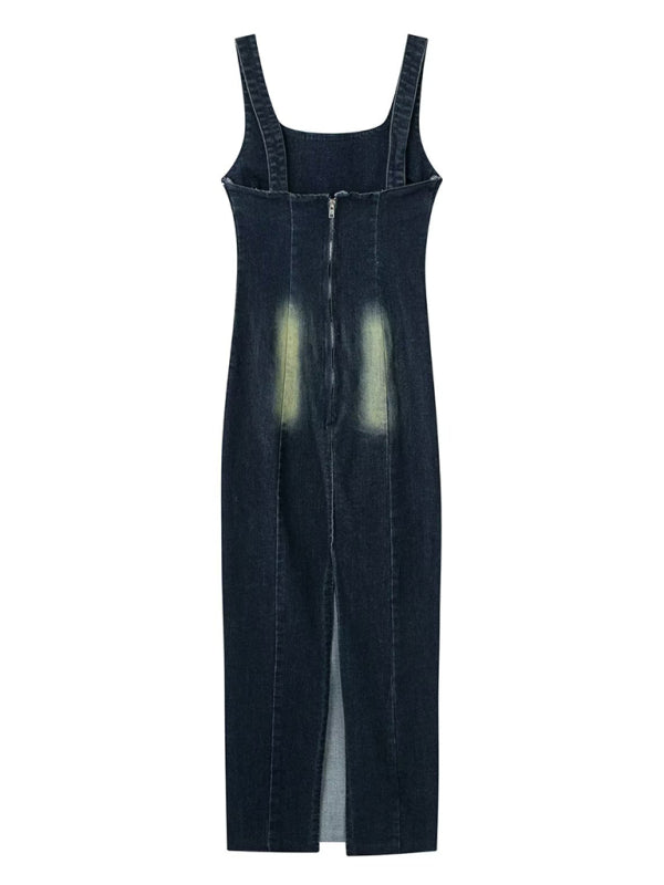 Women's elegant suspender denim long dress - Fashionpara