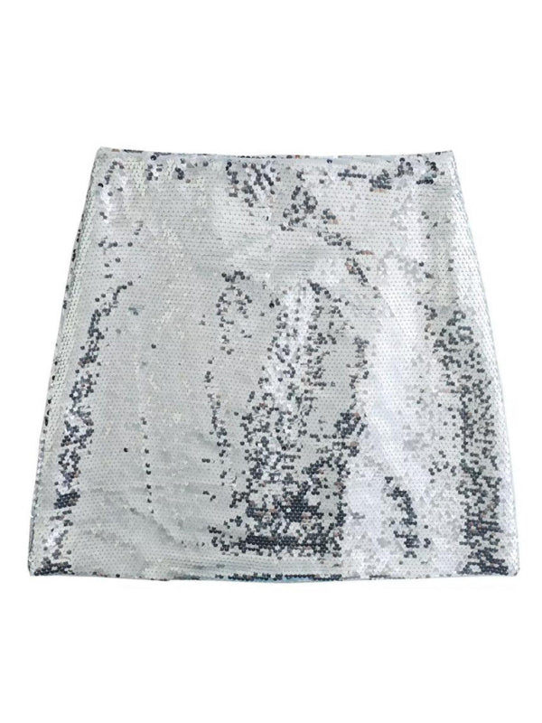 New fashion hot girl silver sequined high waist skirt with slits on both sides - Fashionpara