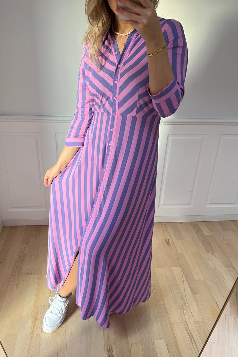 Stripe Long Sleeve Button Maxi Shirt Dress - Fashiondia