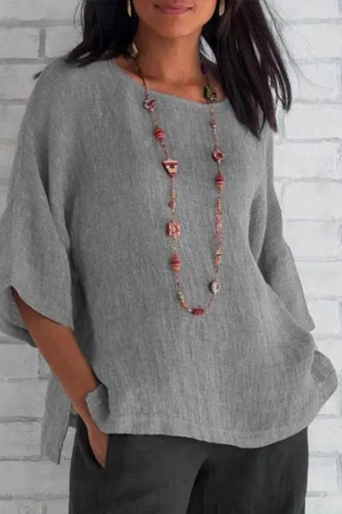 Linen Half Sleeve O Neck Loose Blouse - Fashionpara