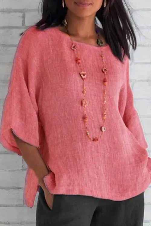 Linen Half Sleeve O Neck Loose Blouse - Fashionpara