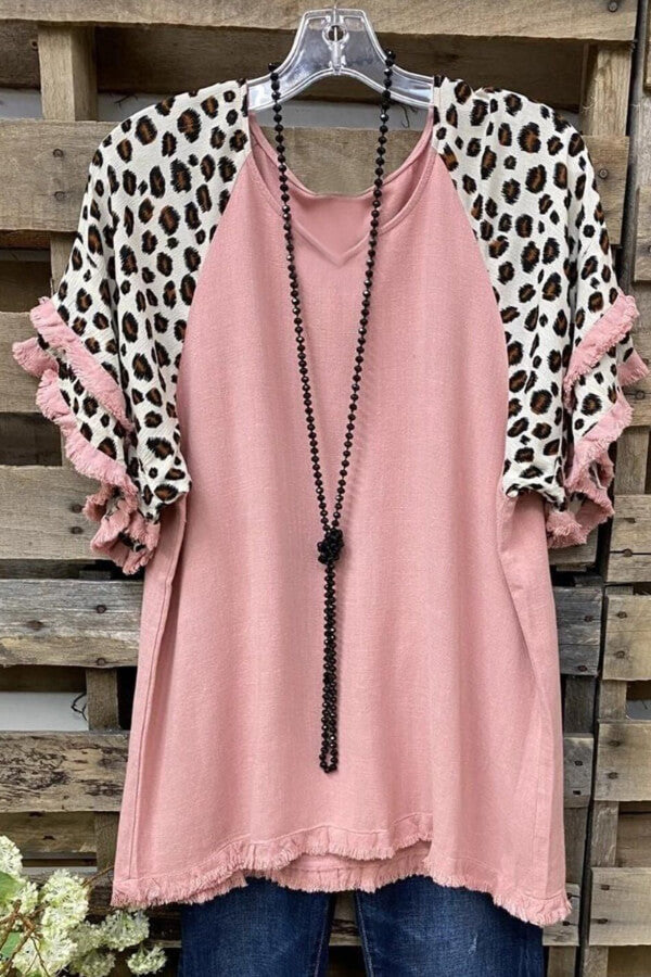 Leopard Print Short Sleeve Striped Patchwork Crew Neck Top - Fashionpara