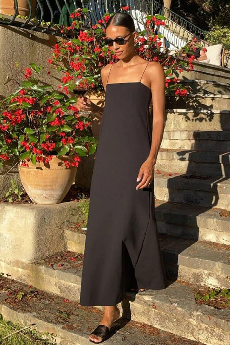 Minimalist Pocket Trim A Line Cotton Blend Summer Cami Maxi Sundress - Black - Fashionpara