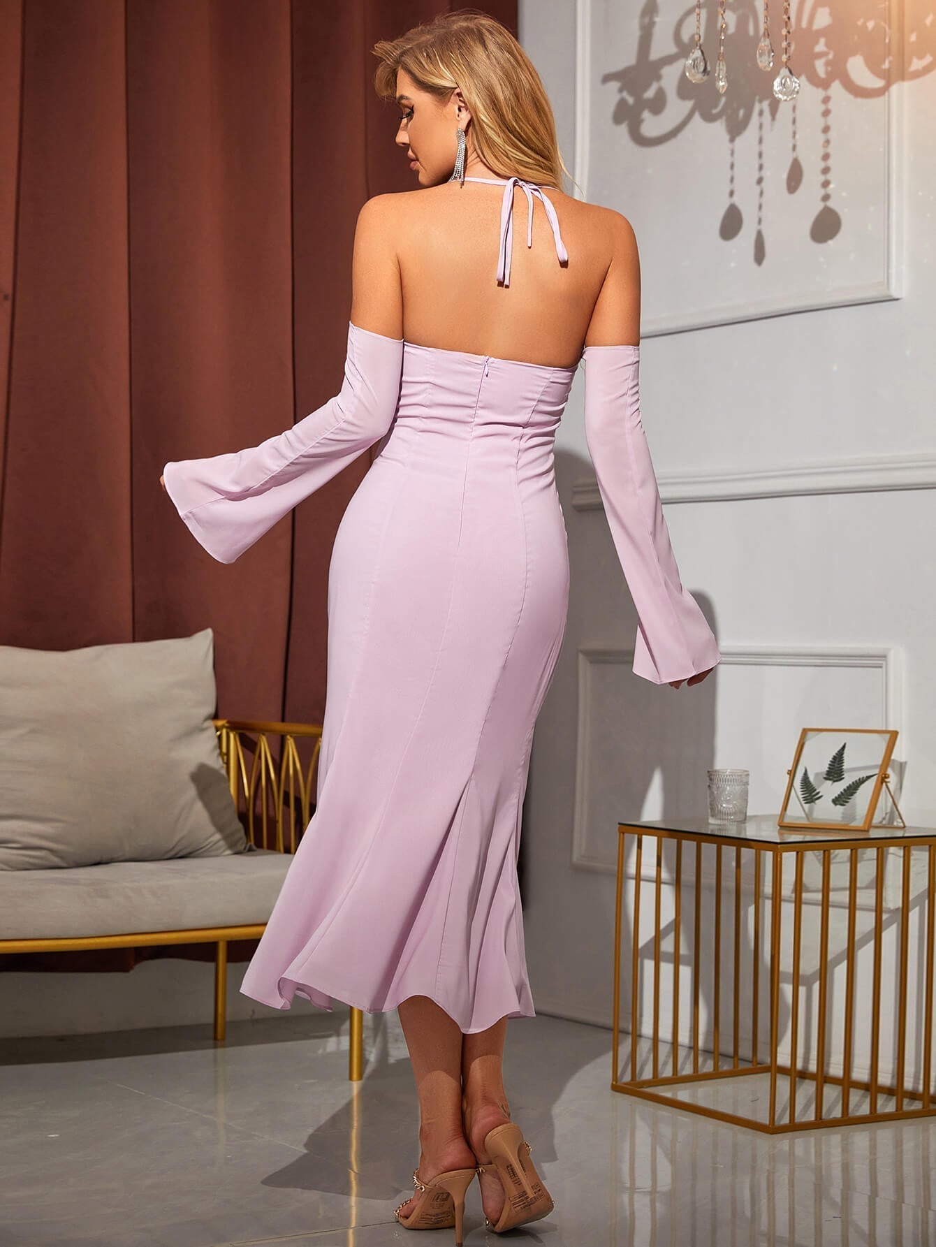 Off Shoulder Halter Chiffon Dress - Fashionpara