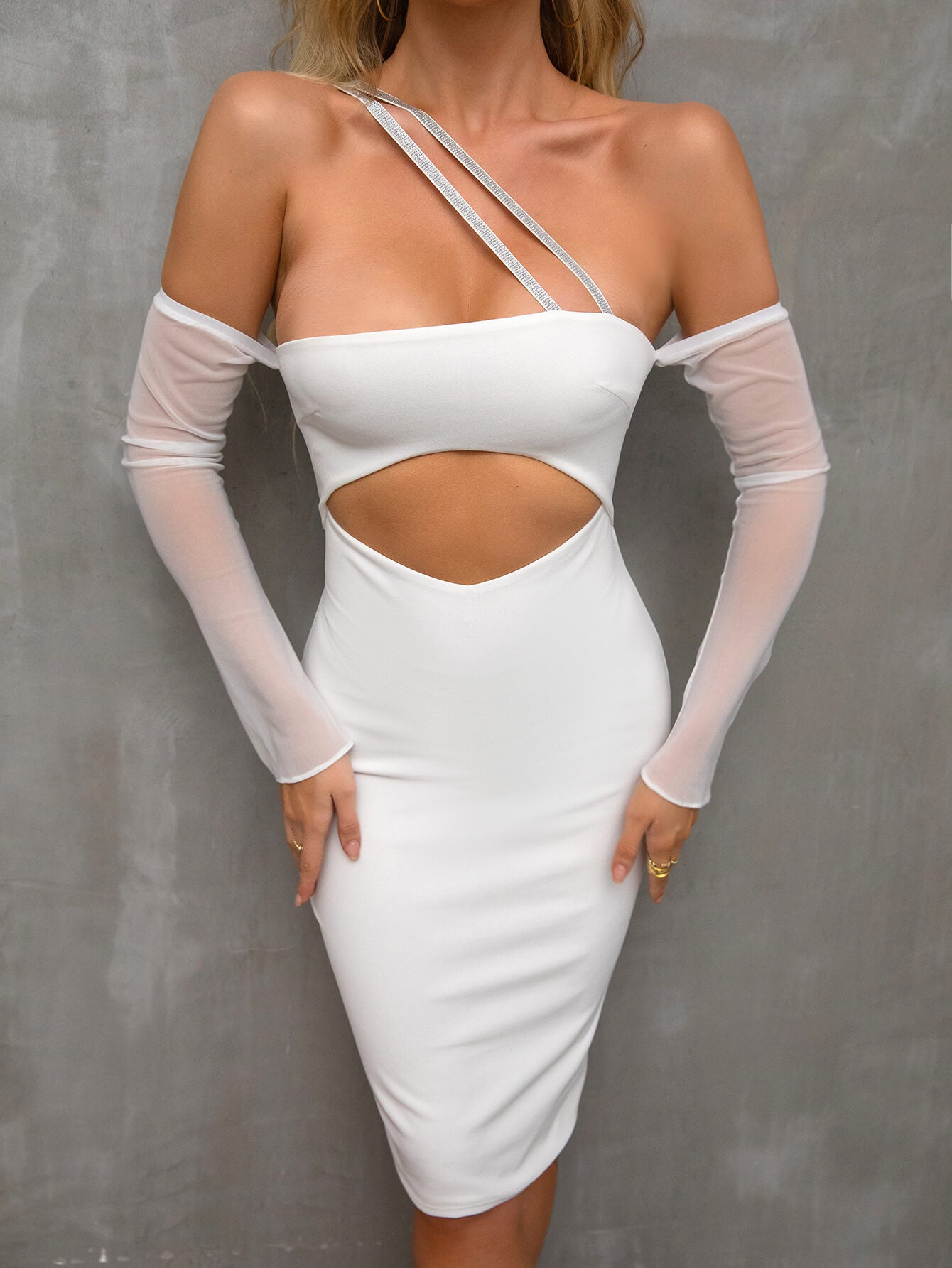 Asymmetrical Neck Glitter Strap Cut Out Dress - Fashionpara