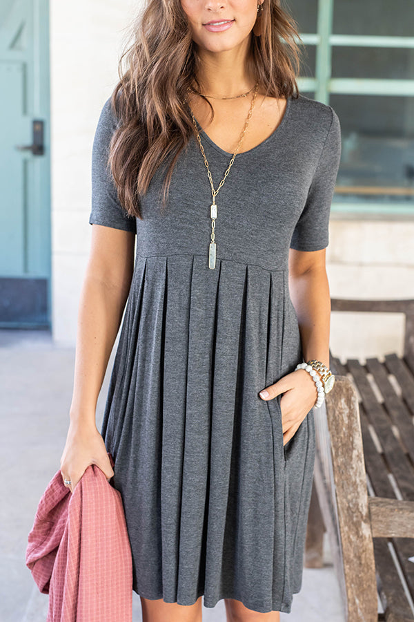 Solid Pleated Waist Short Sleeve Dress - Fashionpara