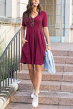 Solid Pleated Waist Short Sleeve Dress