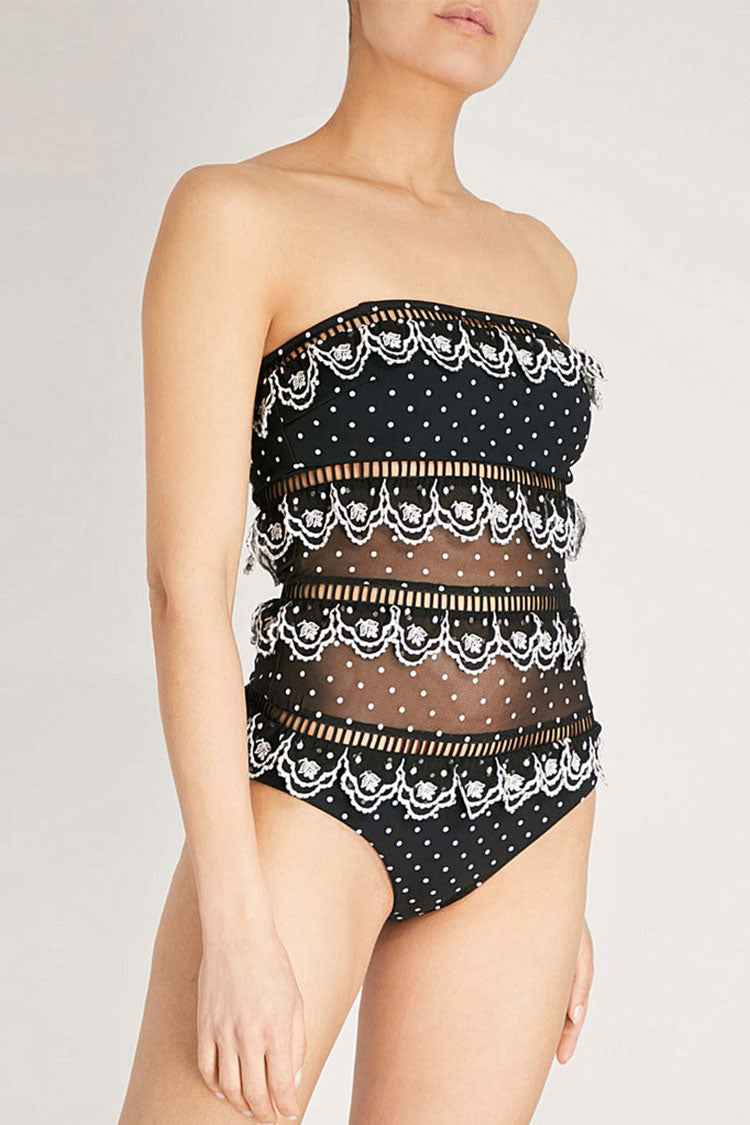 Polka Dot Mesh Panel Lace Scalloped Bandeau One Piece Swimsuit