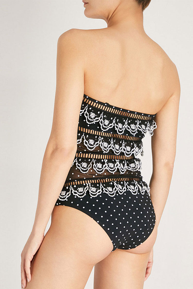 Polka Dot Mesh Panel Lace Scalloped Bandeau One Piece Swimsuit