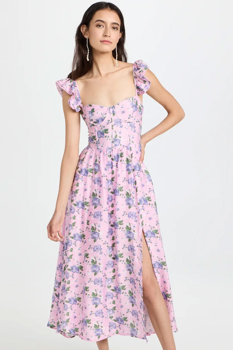 Romantic Sweetheart Corset Floral Printed Lace Up Back Split Midi Sundress - Lilac - Fashionpara