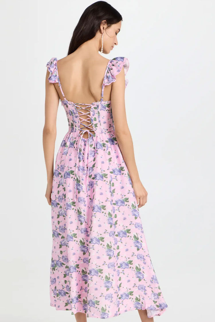 Romantic Sweetheart Corset Floral Printed Lace Up Back Split Midi Sundress - Lilac - Fashionpara
