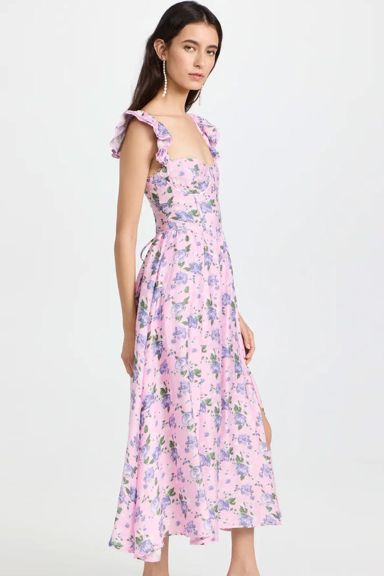 Romantic Sweetheart Corset Floral Printed Lace Up Back Split Midi Sundress - Lilac - Fashionpara