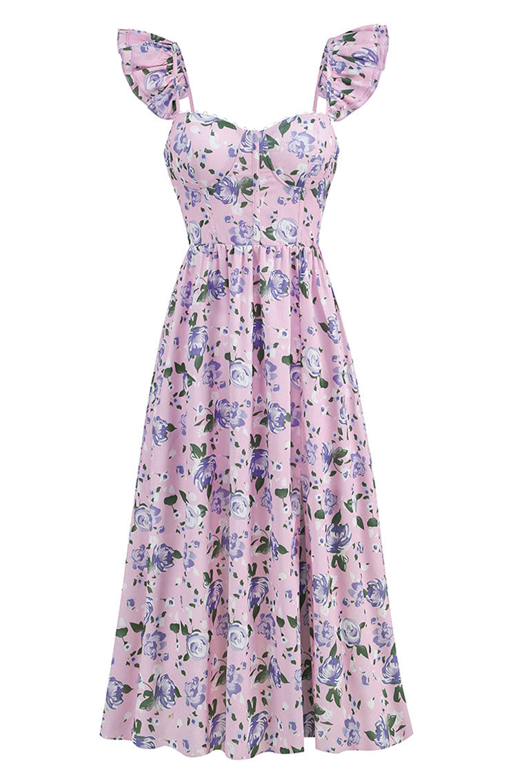 Romantic Sweetheart Corset Floral Printed Lace Up Back Split Midi Sundress - Lilac - Fashionpara