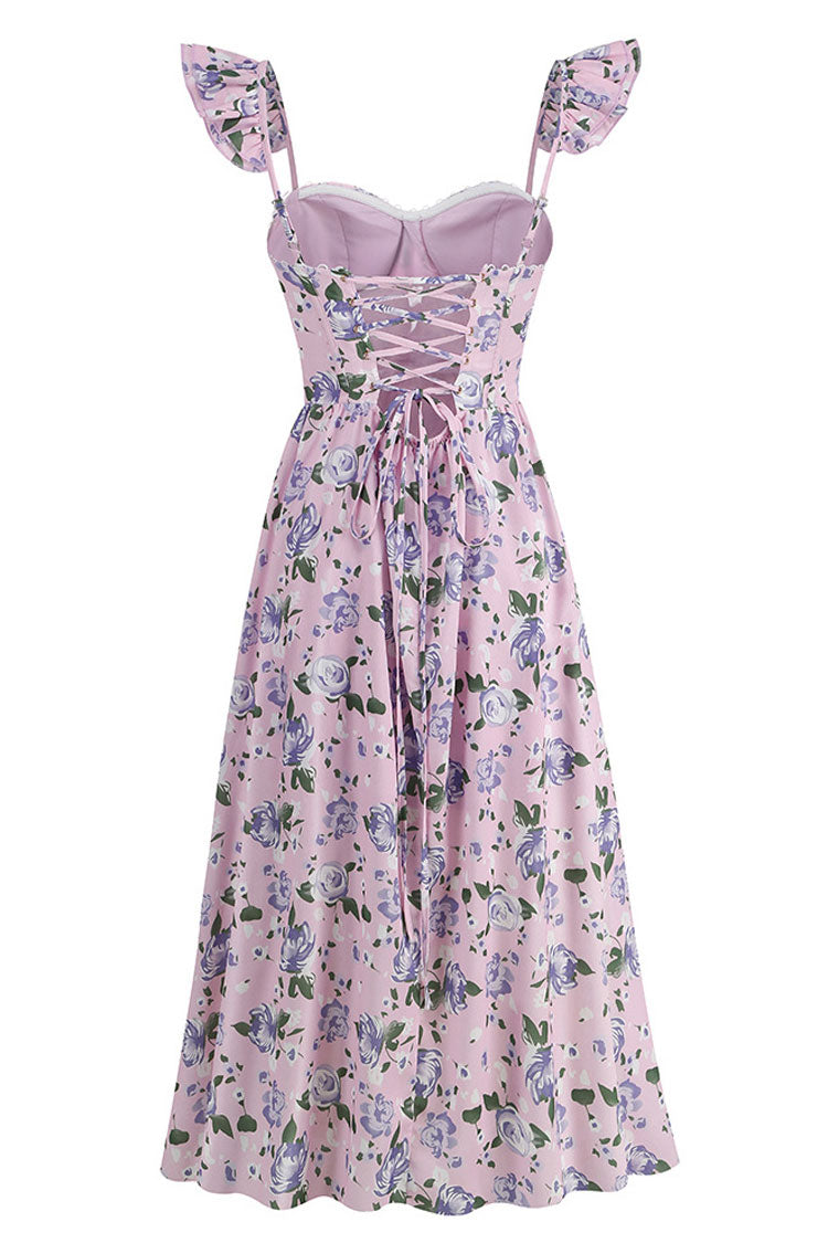 Romantic Sweetheart Corset Floral Printed Lace Up Back Split Midi Sundress - Lilac - Fashionpara
