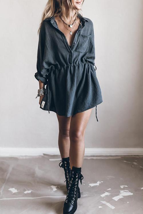 Button Pockets Drawstring Waist Dress - Fashionpara