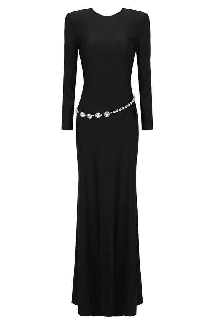 Sexy Backless Crew Neck Long Sleeve Crystal Belt Evening Maxi Dress - Black - Fashionpara