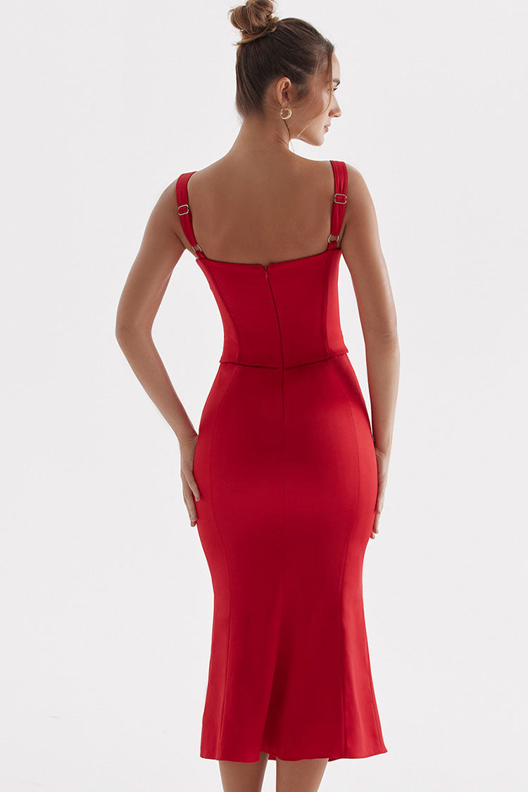 Sexy Tie Neck Lace Up Satin Corset Cocktail Party Midi Dress - Red - Fashionpara
