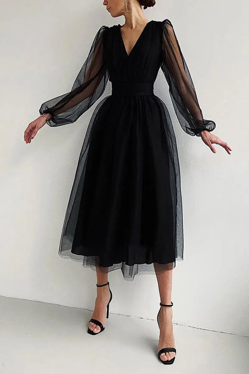 V Neck Tulle Long Sleeve Midi Dress - Fashionpara