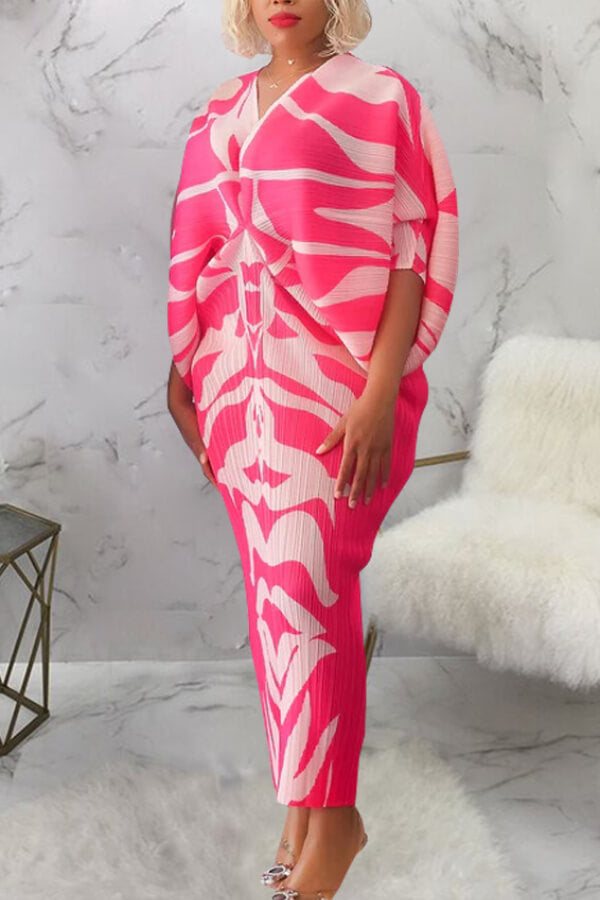 V-neck bat sleeve print dress - Fashionpara