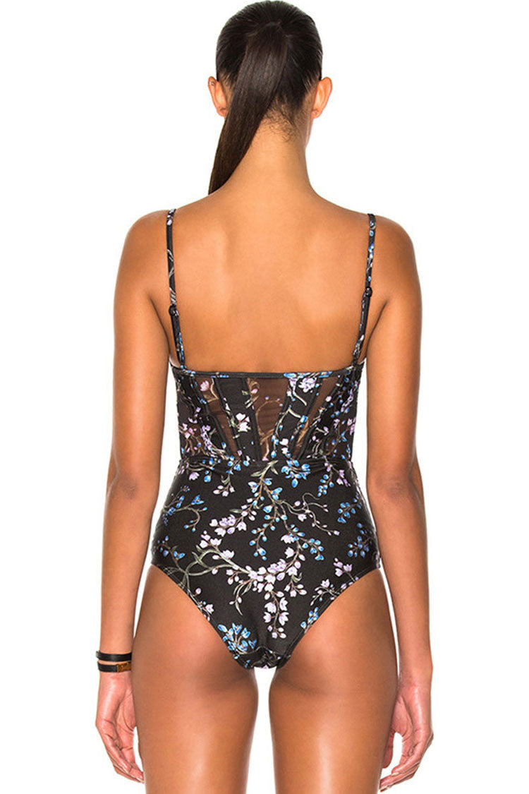 Vintage Floral Printed Mesh Panel One Piece Swimsuit