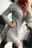 Button V Neck Side Slit Sweater Dress