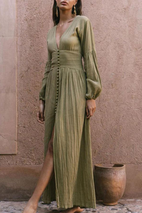 Plunging Button Long Sleeve Maxi Dress - Fashionpara