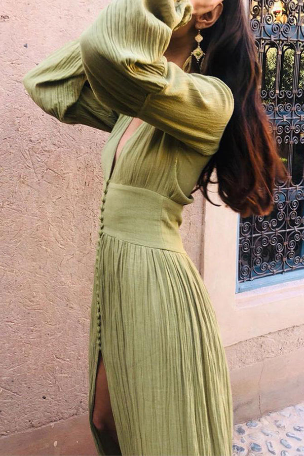 Plunging Button Long Sleeve Maxi Dress - Fashionpara